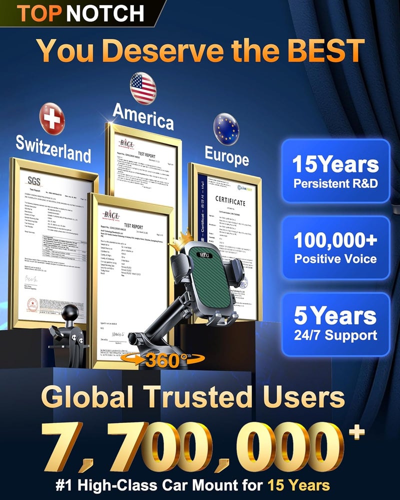 HTU 2026 Ultimate Best【True Military-Grade & Safety Cert】Car Phone Holder 【Upgraded 5-in-1 & 100+LBS Strongest Suction】360 Rotation Truck Windshield Dashboard Vent Mount Stand for iPhone Android, Green - Image 2